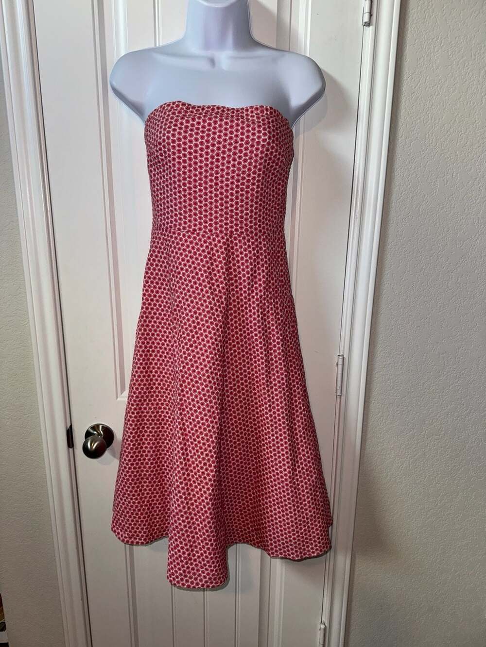 Y2K J.Crew pink and White Geometric Circle Print Strapless Sundress